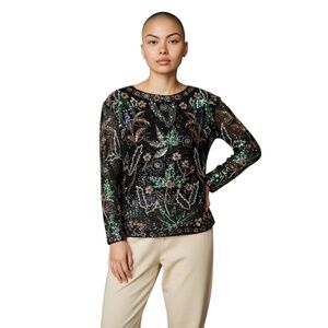 VINTAGE NANCY MILLER WOMEN'S CHRISTMAS 100% PURE Silk SEQUIN BEADED BLOUSE LARGE